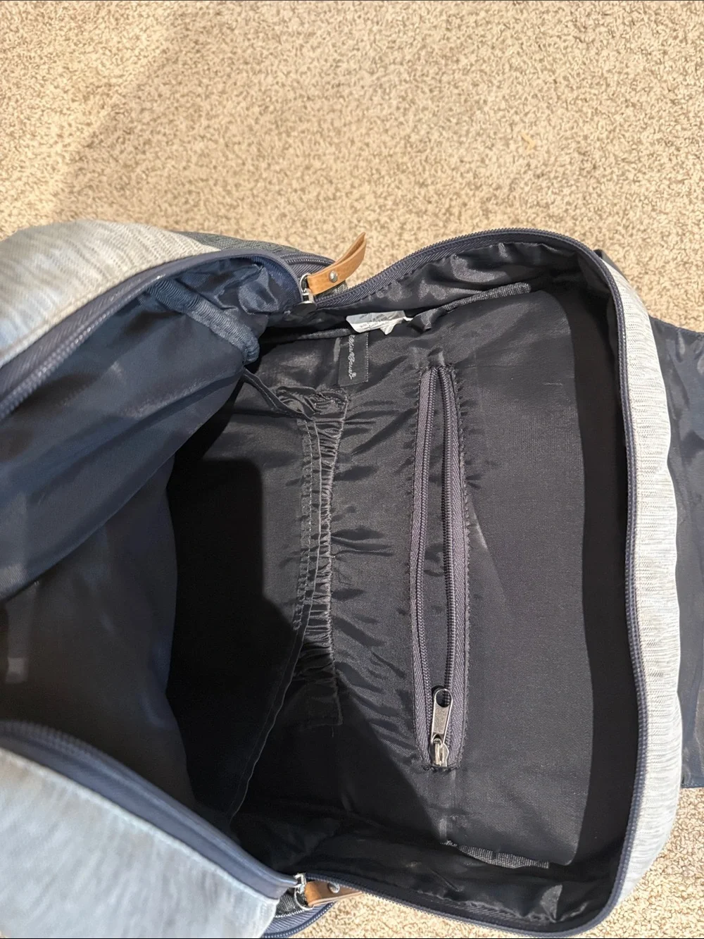 Eddie Bauer Light Gray and Dark Gray diaper Backpack with Tan Accents